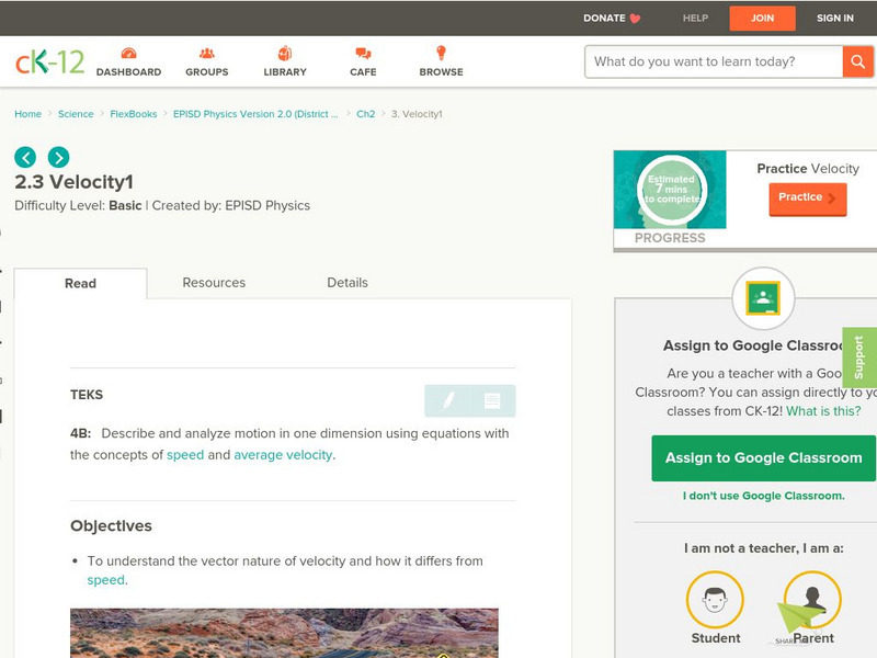 Ck 12: Episd: Velocity 1 Unit Plan Ck 12: Episd: Velocity 1 Unit Plan