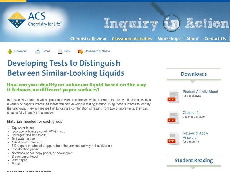 Inquiry in Action: Tests to Distinguish Between Similar Looking Liquids Activity