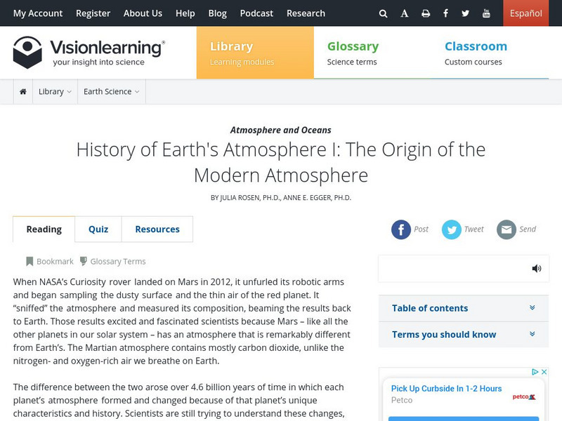 Visionlearning: Atmosphere and Oceans: The Origin of the Modern Atmosphere Unit Plan