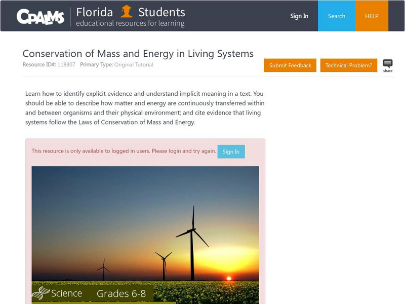Florida State University Cpalms: Florida Students: Conservation of Mass and Energy in Living Systems Unit Plan Florida State University Cpalms: Florida Students: Conservation of Mass and Energy in Living Systems Unit Plan