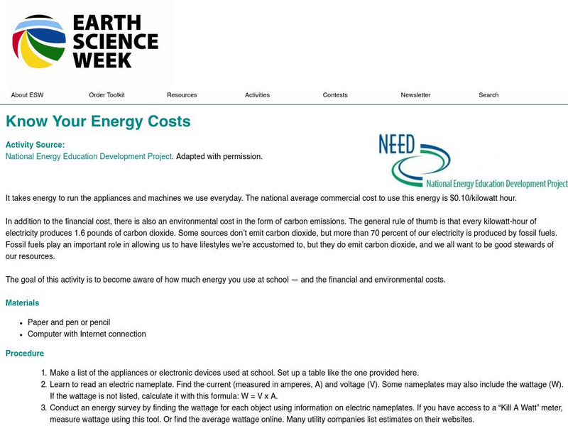 American Geosciences Institute: Earth Science Week: Know Your Energy Costs Lesson Plan American Geosciences Institute: Earth Science Week: Know Your Energy Costs Lesson Plan