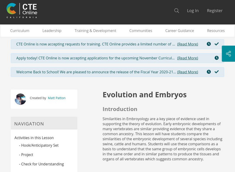 Cte Online: Butte County Office of Education: Evolution and Embryos Lesson Plan Cte Online: Butte County Office of Education: Evolution and Embryos Lesson Plan