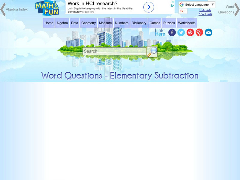Math Is Fun: Word Questions: Elementary Subtraction Activity Math Is Fun: Word Questions: Elementary Subtraction Activity
