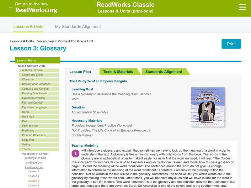 Read Works: Vocabulary in Context 2nd Grade Unit: Glossary Lesson Plan Read Works: Vocabulary in Context 2nd Grade Unit: Glossary Lesson Plan