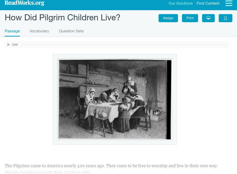 Read Works: How Did Pilgrim Children Live? Activity Read Works: How Did Pilgrim Children Live? Activity