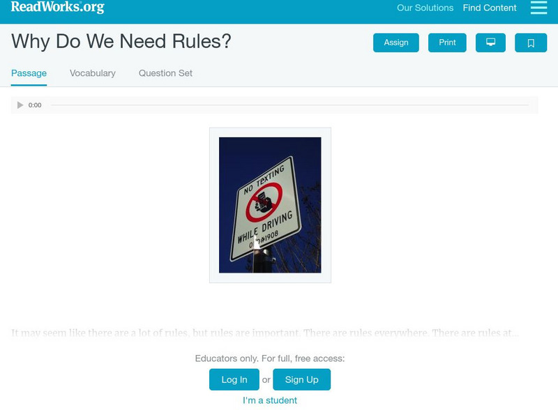 Read Works: Why Do We Need Rules? Activity Read Works: Why Do We Need Rules? Activity