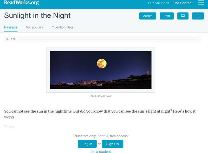Read Works: Sunlight in the Night Activity Read Works: Sunlight in the Night Activity