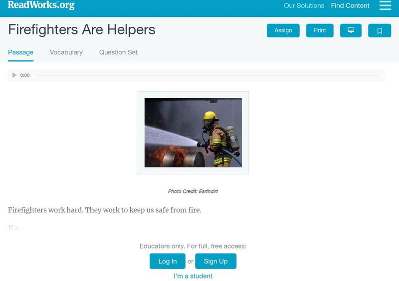 Read Works: Firefighters Are Helpers Activity Read Works: Firefighters Are Helpers Activity