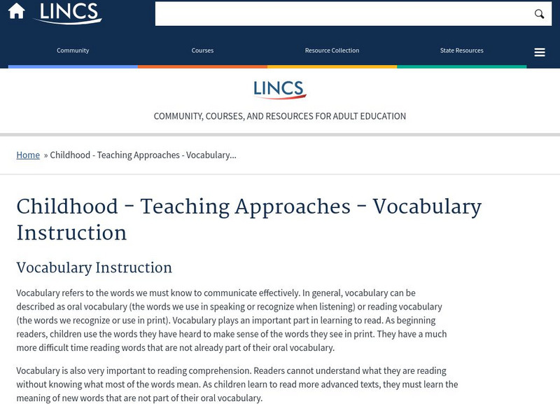 U.s. Dept. Of Education: Childhood: Teaching Approaches: Vocabulary Instruction Professional Doc U.s. Dept. Of Education: Childhood: Teaching Approaches: Vocabulary Instruction Professional Doc