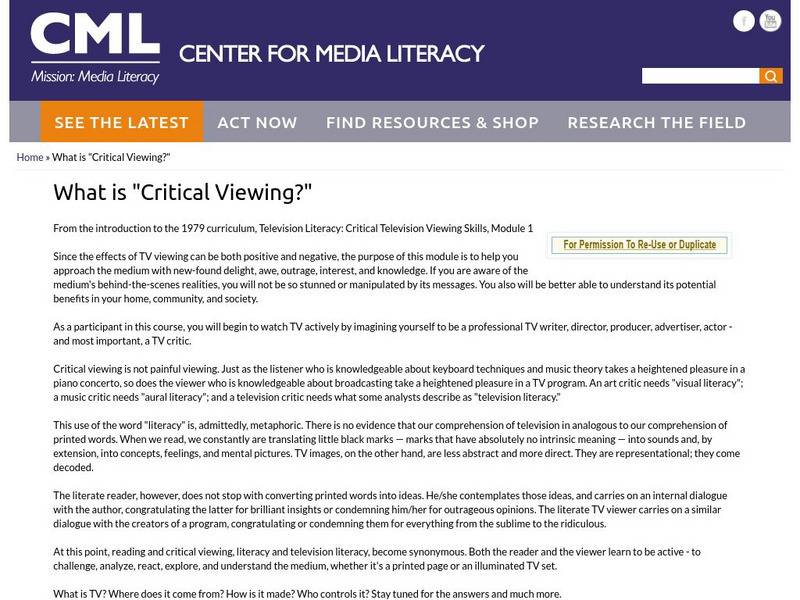 Center for Media Literacy: What Is "Critical" Viewing? Professional Doc Center for Media Literacy: What Is "Critical" Viewing? Professional Doc