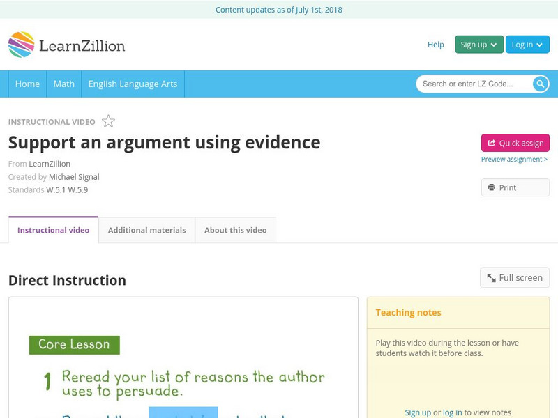 Learn Zillion: Support an Argument Using Evidence Instructional Video Learn Zillion: Support an Argument Using Evidence Instructional Video