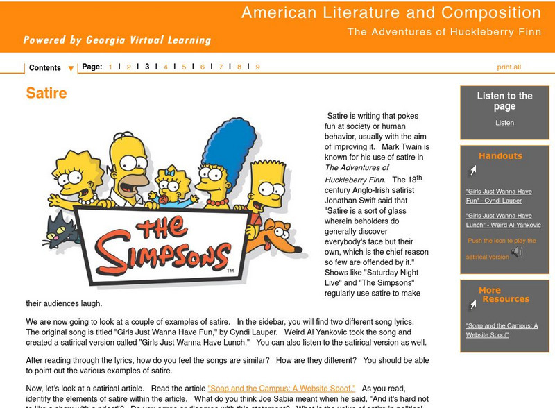 Ga Virtual Learning: American Lit: The Adventures of Huckleberry Finn: Satire Unit Plan Ga Virtual Learning: American Lit: The Adventures of Huckleberry Finn: Satire Unit Plan