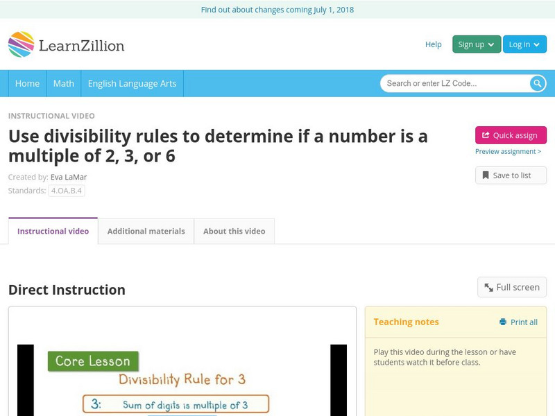 Learn Zillion: Determine if a Number Is a Multiple of 2, 3, or 6 Instructional Video