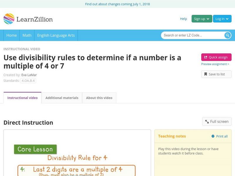 Learn Zillion: Determine if a Number Is a Multiple of 4 or 7 Instructional Video
