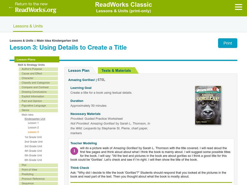 Read Works: Main Idea Kindergarten Unit: Using Details to Create a Title Lesson Plan Read Works: Main Idea Kindergarten Unit: Using Details to Create a Title Lesson Plan
