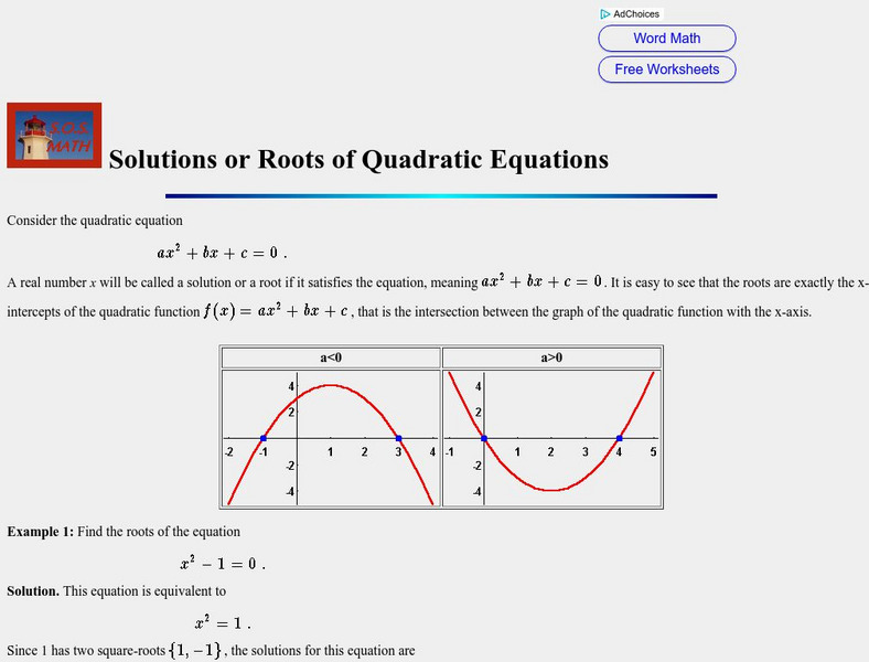 S.o.s. Math: Quadratic Equations Activity S.o.s. Math: Quadratic Equations Activity