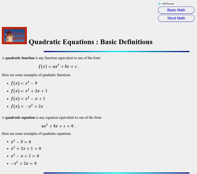 S.o.s. Math: Quadratic Equations: Basic Definitions Activity S.o.s. Math: Quadratic Equations: Basic Definitions Activity