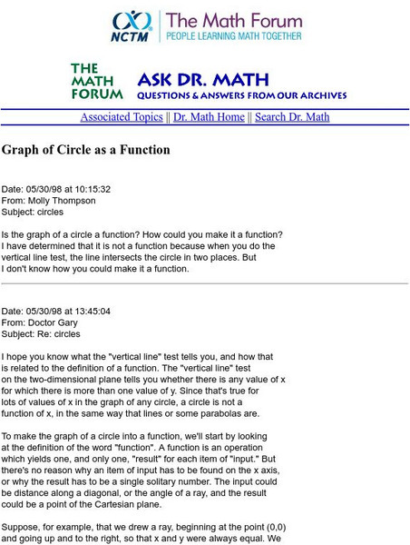 The Math Forum: Ask Dr. Math: Graph of Circle as a Function Handout The Math Forum: Ask Dr. Math: Graph of Circle as a Function Handout