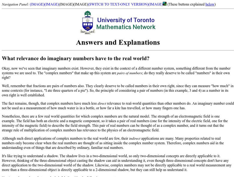 University of Toronto: Imaginary Numbers in Real World Handout University of Toronto: Imaginary Numbers in Real World Handout