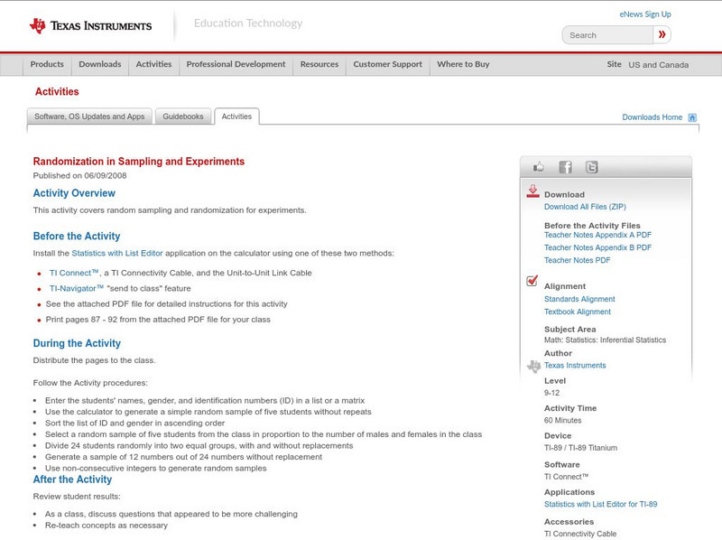 Texas Instruments: Randomization in Sampling and Experiments Activity Texas Instruments: Randomization in Sampling and Experiments Activity