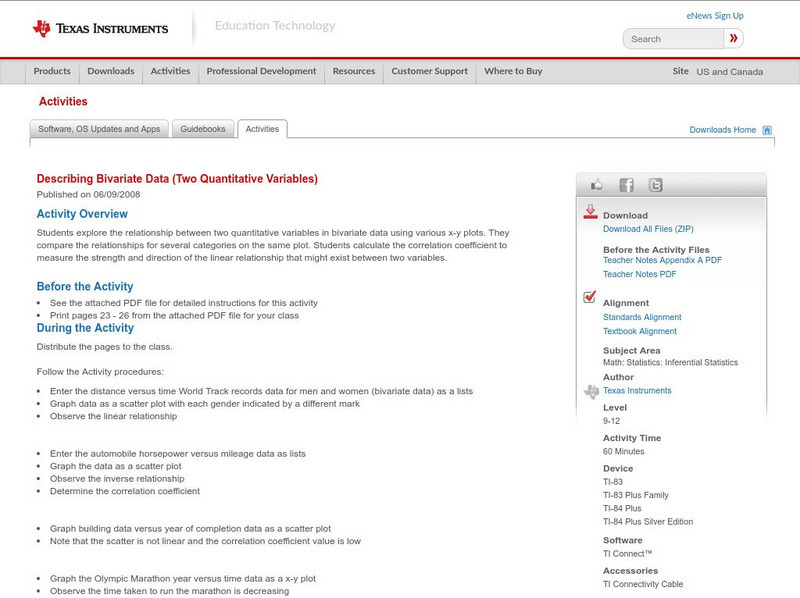 Texas Instruments: Describing Bivariate Data (Two Quantitative Variables) Activity Texas Instruments: Describing Bivariate Data (Two Quantitative Variables) Activity