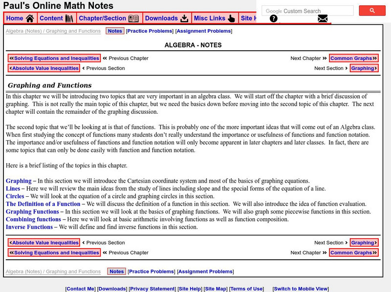 Paul's Online Notes: Algebra: Graphing and Functions Activity Paul's Online Notes: Algebra: Graphing and Functions Activity
