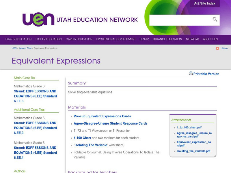 Uen: Equivalent Expressions Lesson Plan Uen: Equivalent Expressions Lesson Plan