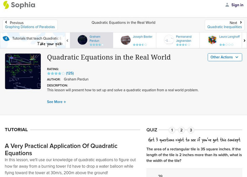 Sophia: Quadratic Equations in the Real World Instructional Video