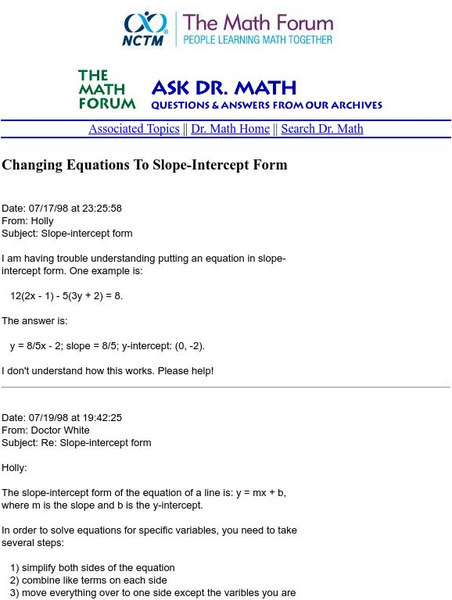 The Math Forum: Changing Equations to Slope Intercept Form Handout The Math Forum: Changing Equations to Slope Intercept Form Handout