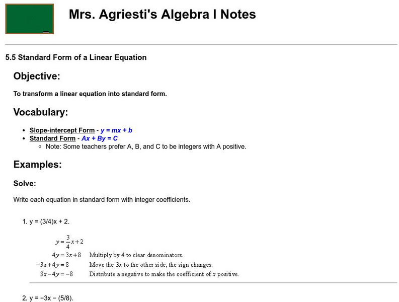 Algebra I Notes: Standard Form of a Linear Equation Handout Algebra I Notes: Standard Form of a Linear Equation Handout