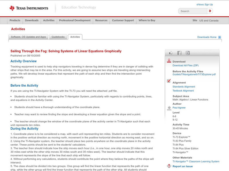 Texas Instruments: Sailing Through the Fog: Solving Systems of Linear Equations Activity