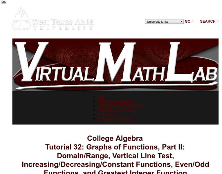 Wtamu Virtual Math Lab: College Algebra: Domain, Range, Vertical Line Test Unit Plan Wtamu Virtual Math Lab: College Algebra: Domain, Range, Vertical Line Test Unit Plan