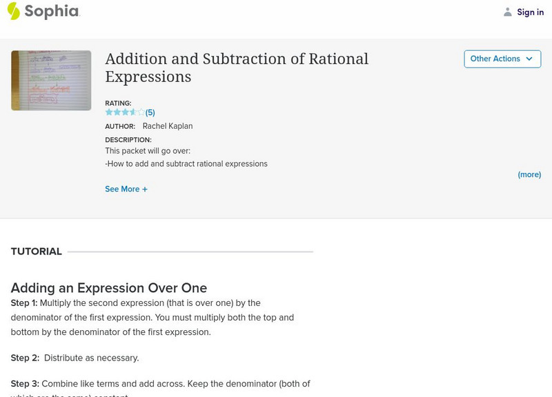 Sophia: Adding and Subtracting of Rational Expressions Instructional Video Sophia: Adding and Subtracting of Rational Expressions Instructional Video