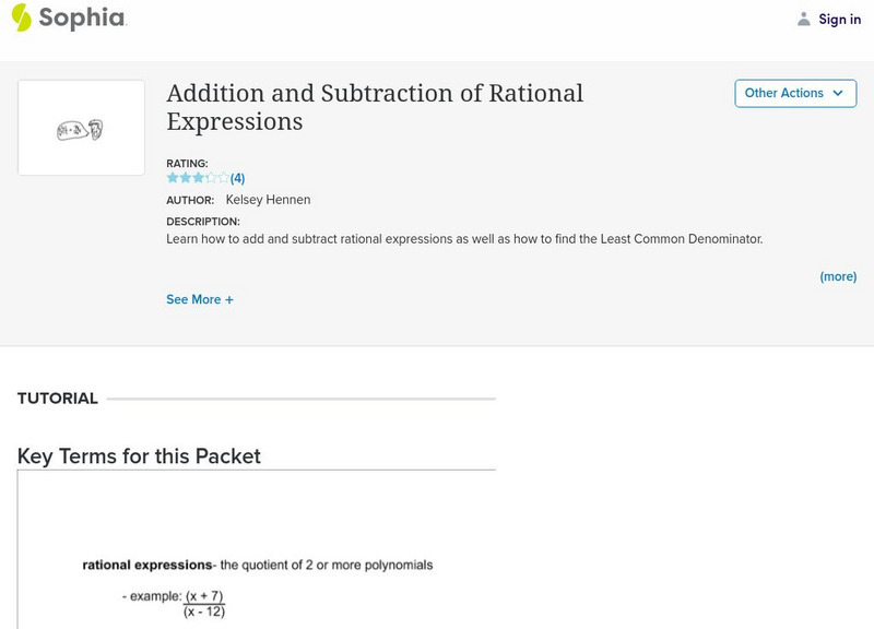 Sophia: Addition and Subtraction of Rational Expressions Activity Sophia: Addition and Subtraction of Rational Expressions Activity