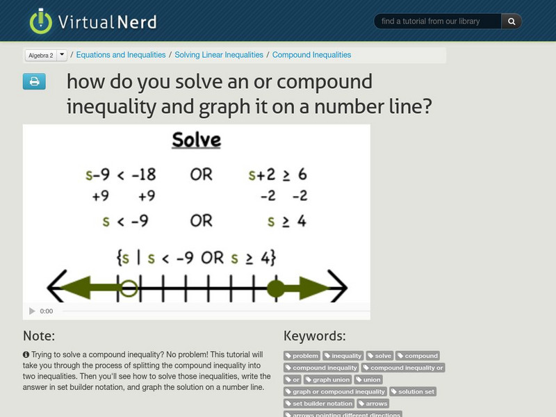 Virtual Nerd: Solve an or Compound Inequality and Graph It on a Number Line Instructional Video