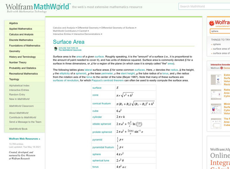 Wolfram Math World: Surface Area Handout
