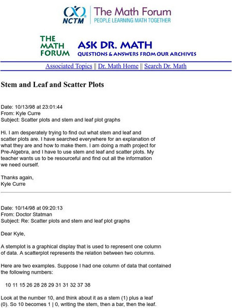The Math Forum: Nctm: Ask Dr. Math: Stem and Leaf and Scatter Plots Handout The Math Forum: Nctm: Ask Dr. Math: Stem and Leaf and Scatter Plots Handout