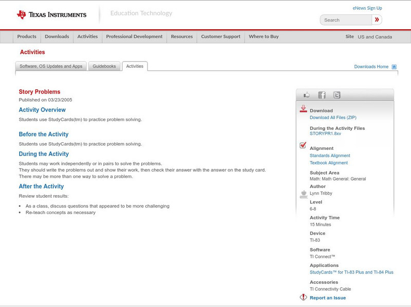 Texas Instruments: Story Problems Activity Texas Instruments: Story Problems Activity