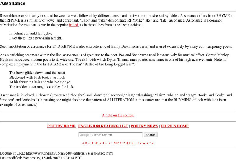 University of Pennsylvania: Assonance Handout University of Pennsylvania: Assonance Handout