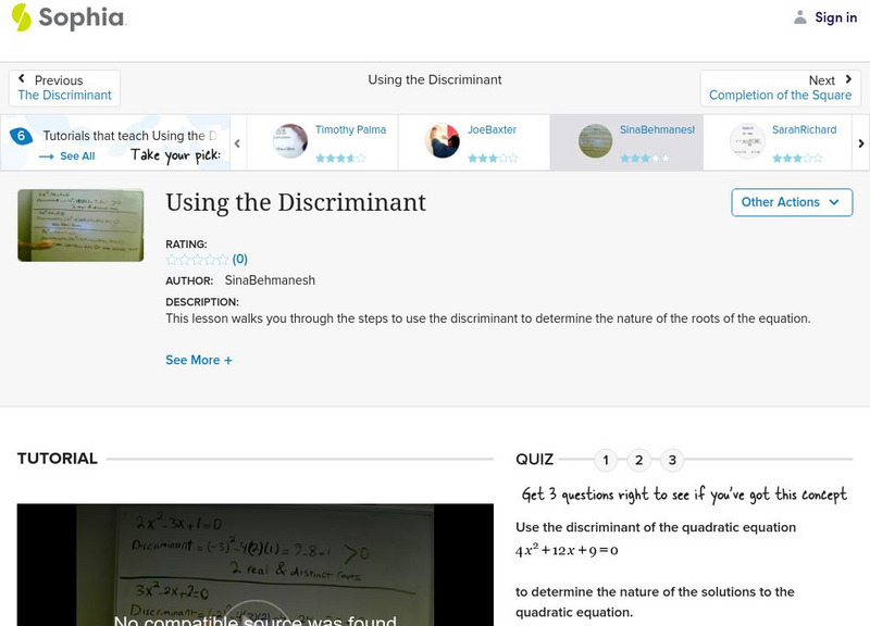 Sophia: Using the Discriminant: Lesson 6 Instructional Video