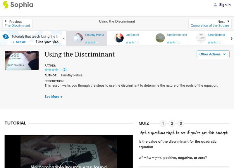 Sophia: Using the Discriminant: Lesson 10 Instructional Video
