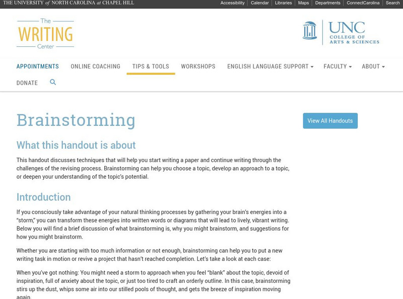 University of North Carolina Writing Center Handouts: Brainstorming Activity University of North Carolina Writing Center Handouts: Brainstorming Activity