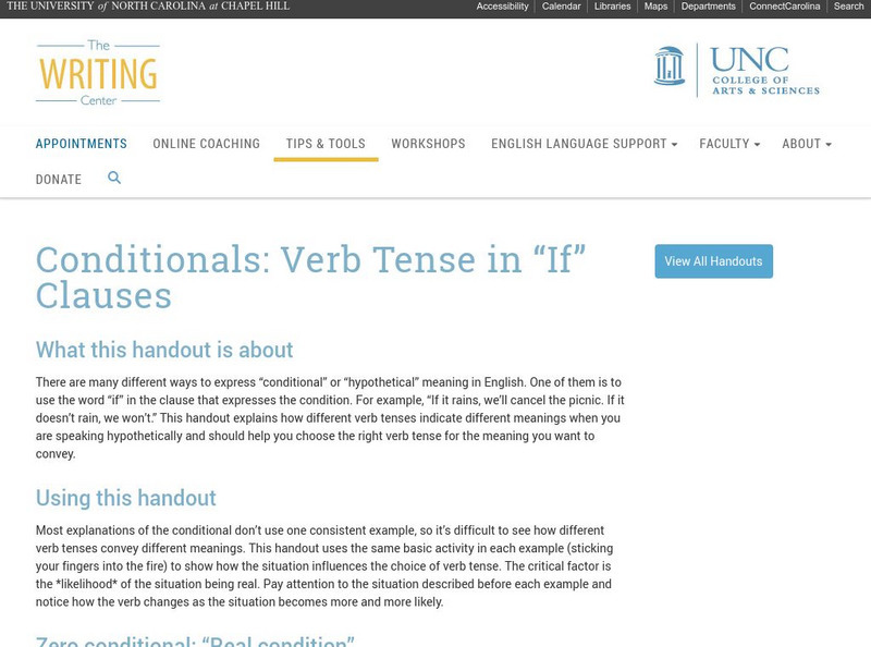 University of North Carolina Writing Center Handouts: Conditionals Handout University of North Carolina Writing Center Handouts: Conditionals Handout