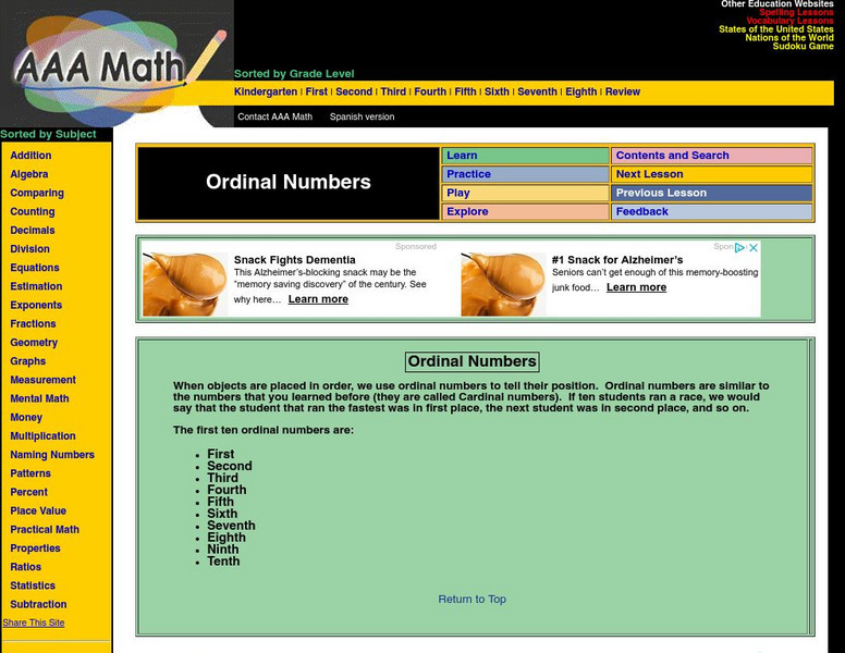 Aaa Math: Ordinal Numbers Website Aaa Math: Ordinal Numbers Website