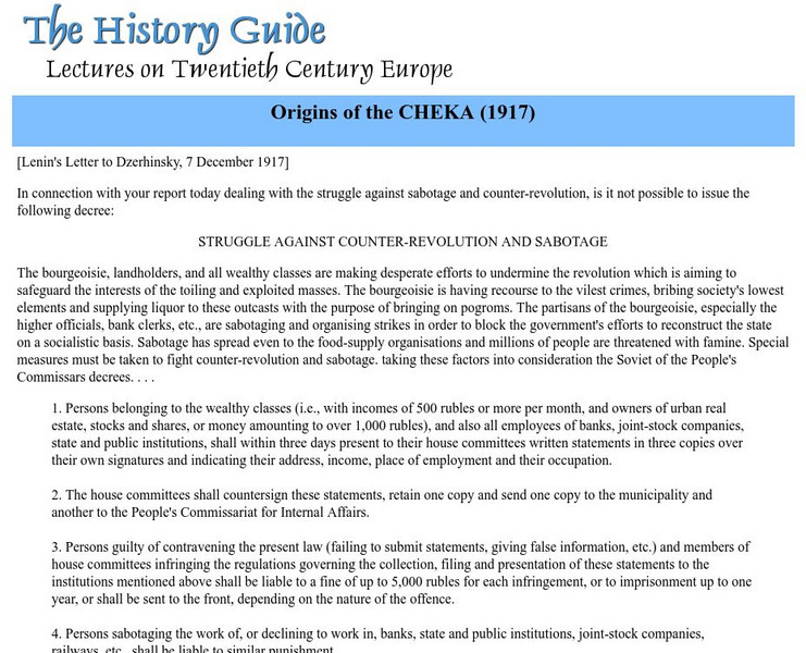The History Guide: Origins of the Cheka Primary The History Guide: Origins of the Cheka Primary