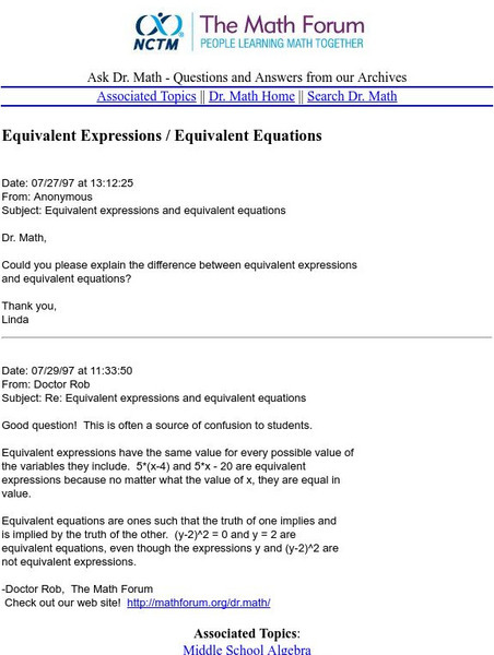 The Math Forum: Equivalent Expressions and Equations Activity The Math Forum: Equivalent Expressions and Equations Activity