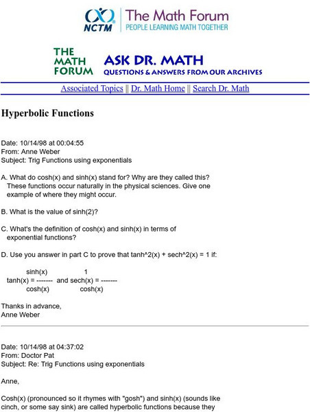 The Math Forum: Ask Dr. Math: Hyperbolic Functions Website The Math Forum: Ask Dr. Math: Hyperbolic Functions Website