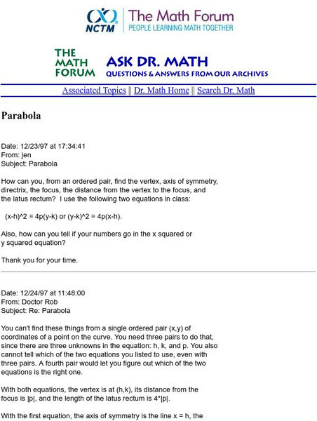 The Math Forum: Ask Dr. Math: Parabola Website The Math Forum: Ask Dr. Math: Parabola Website