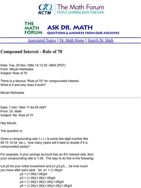 The Math Forum: Ask Dr. Math: Compound Interest Rule of 70 Activity The Math Forum: Ask Dr. Math: Compound Interest Rule of 70 Activity