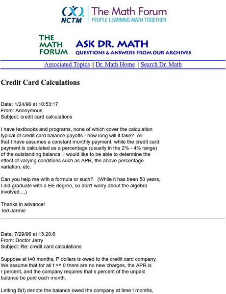 The Math Forum: Credit Card Calculations Unit Plan The Math Forum: Credit Card Calculations Unit Plan
